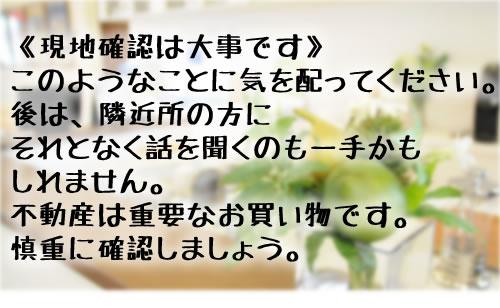 《現地確認は大事です》 このようなことに気を配ってください。 後は、隣近所の方に それとなく話を聞くのも一手かも しれません。 不動産は重要なお買い物です。 慎重に確認しましょう。